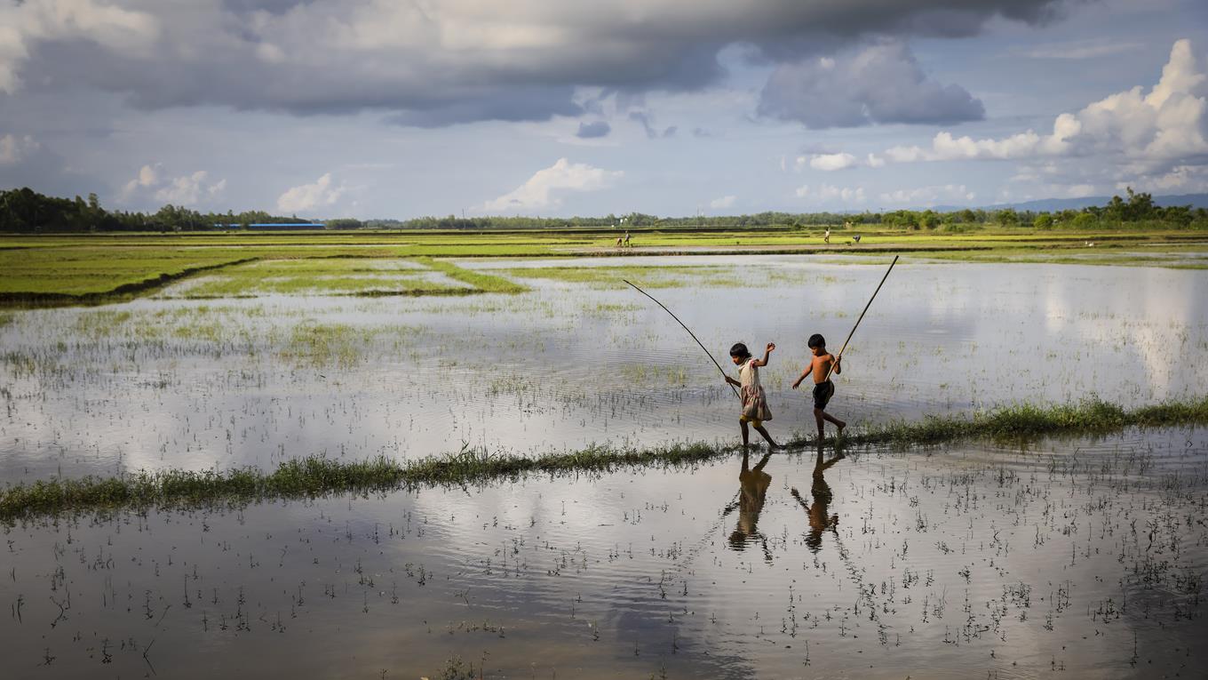 Two children play by the water